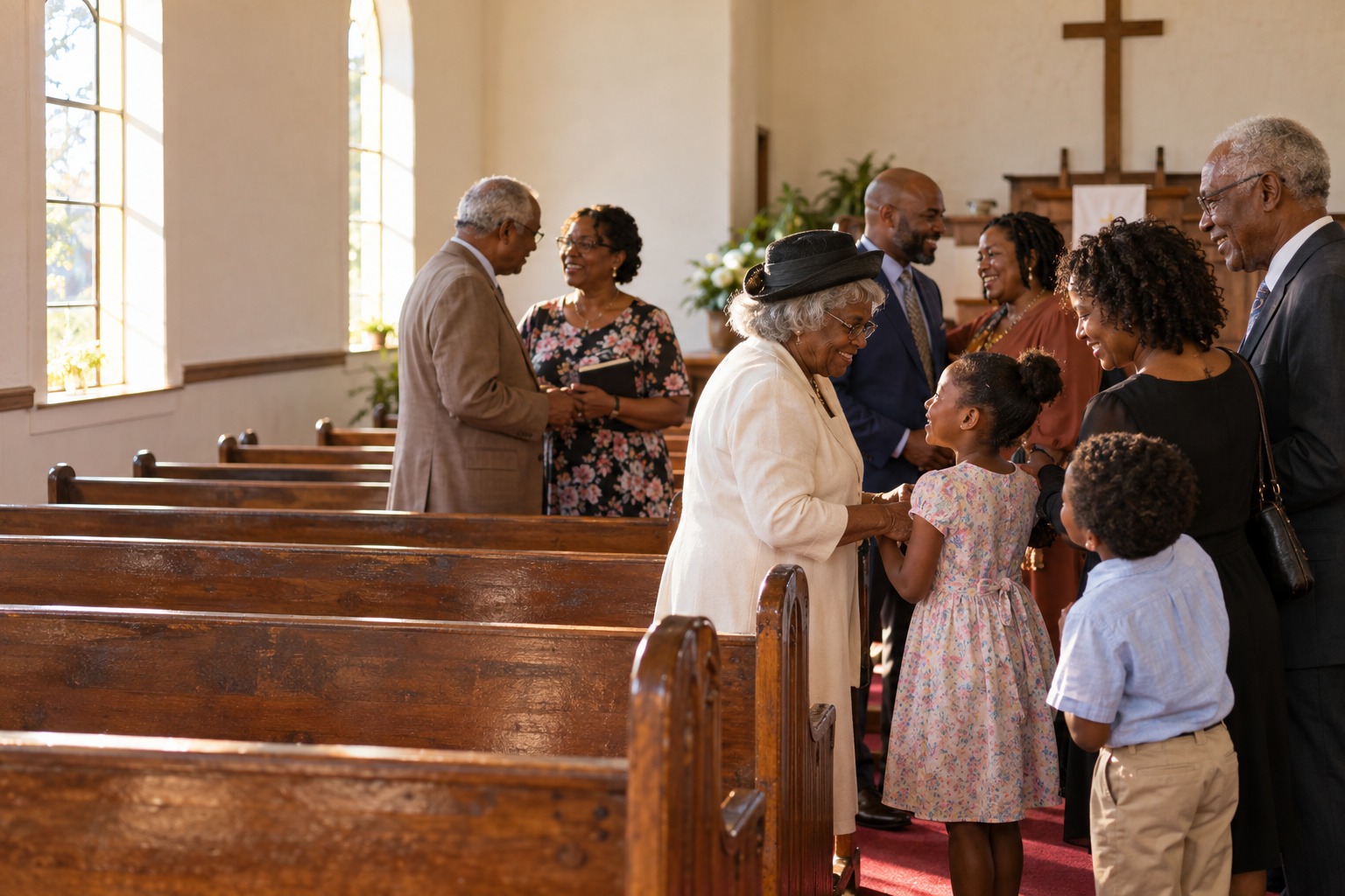 Illustrative photograph of a small, multigenerational Black church community sharing fellowship
